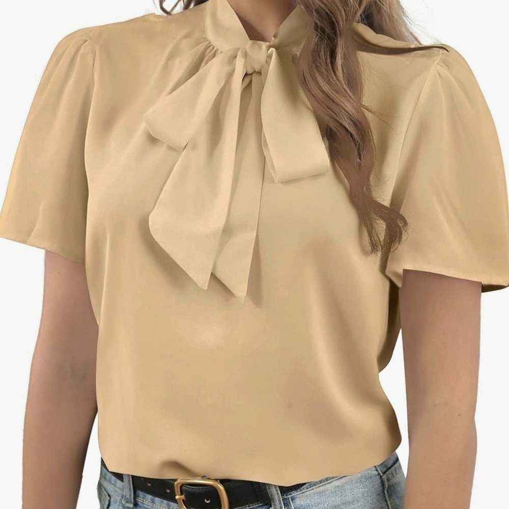 Rooscier Bow Tie Knot Mock Neck Short Sleeve Workwear Blouse Shirt Top Tan XXL